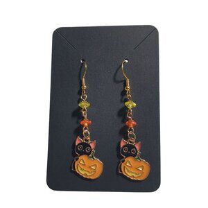 Handmade By Donovan Halloween Earrings Cat Pumpkin Dangle Orange Yellow Beads